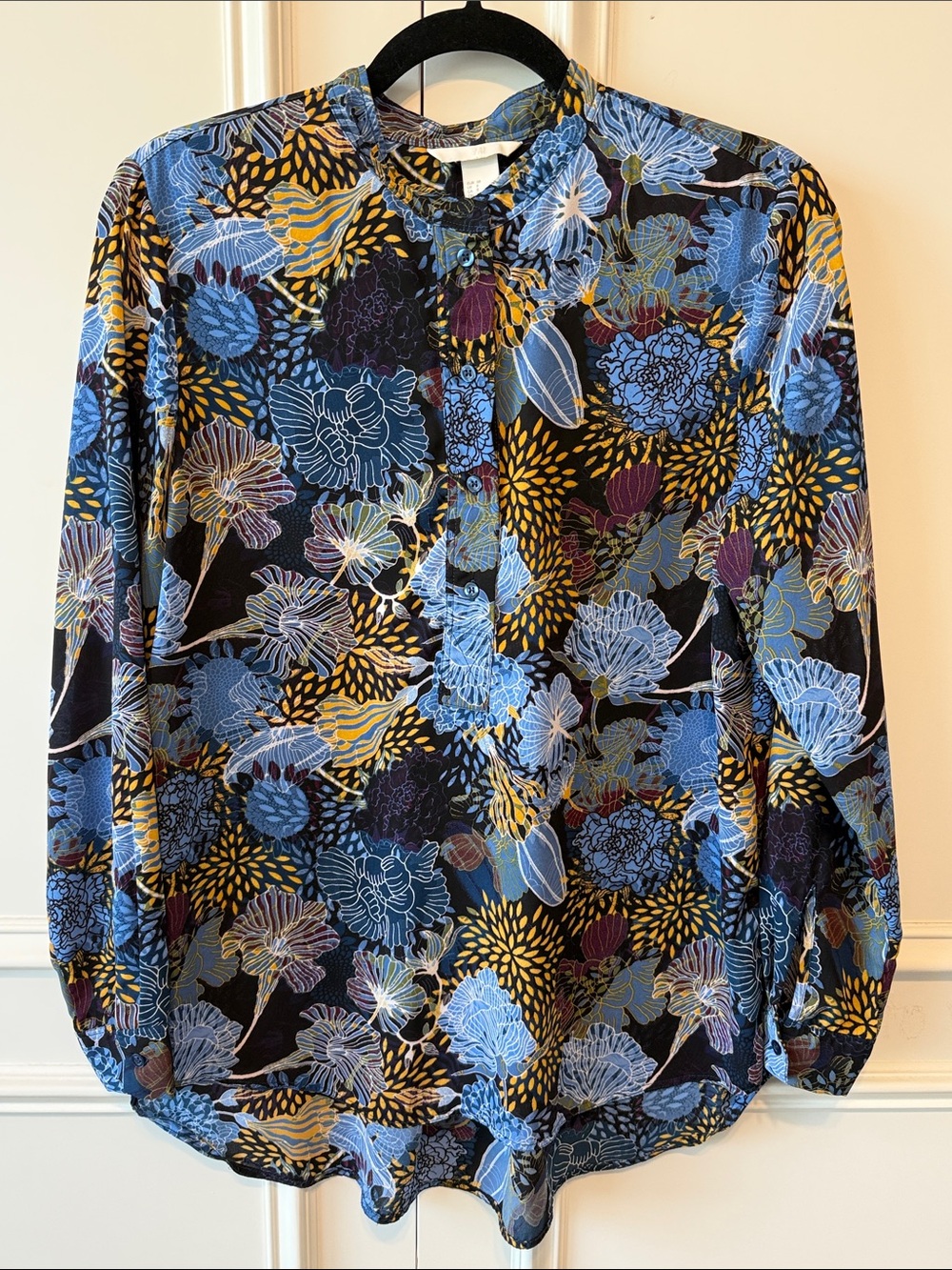H&M Floral Button-Front Blouse in Navy, Blue, Mustard, and Purple